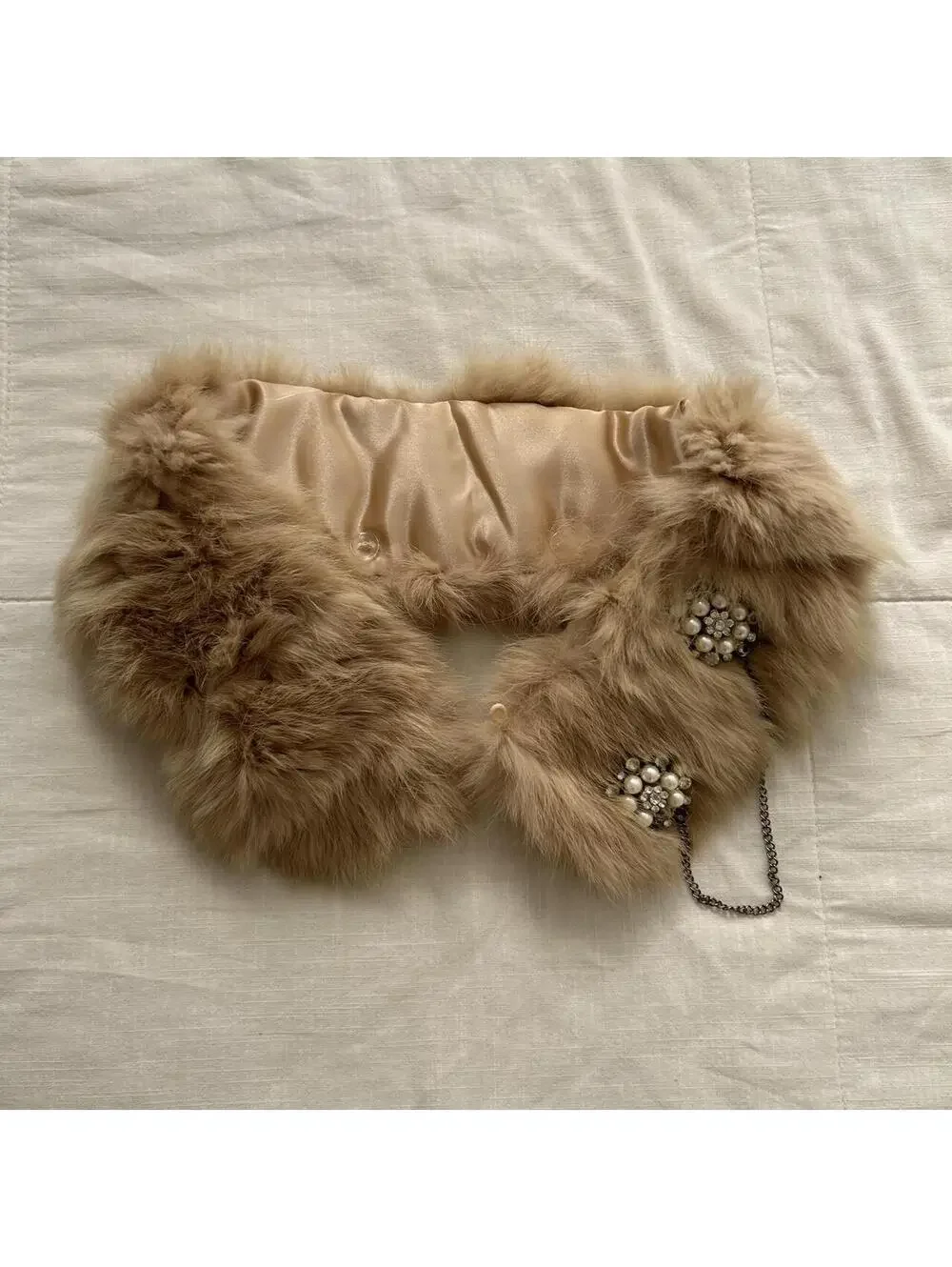 Axes Femme Camel Rabbit Fur Pearl Rhinestone Detachable Collar Japan